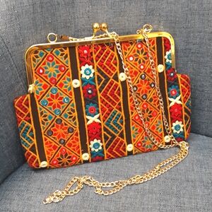 Embroidered Multicolor Frame Clutch with Gold Chain